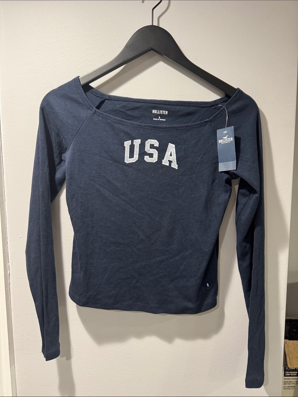 Hollister Navy Long-Sleeve Scoop Neck Top with USA Lettering